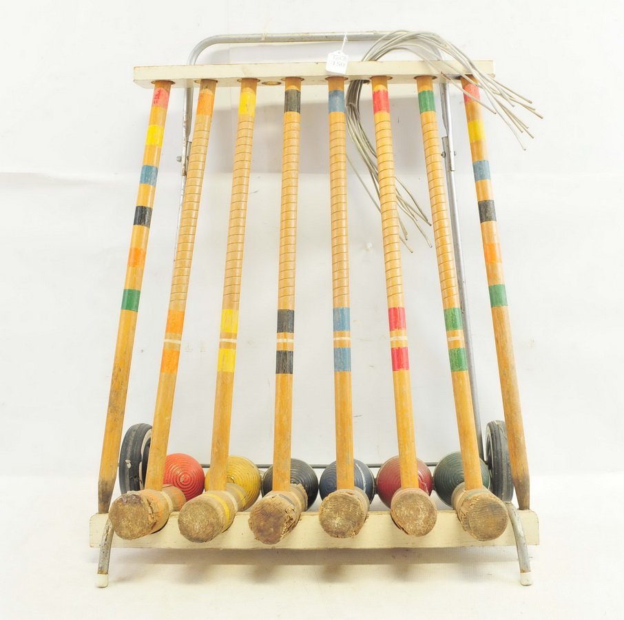 Vintage Wooden croquet set on cart: Wooden sticks, wooden balls