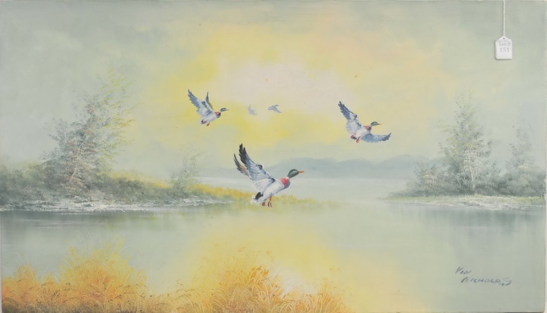 Unframed Oil On Canvas of Mallard Ducks: Signed Vin Nicholas, measures 36x24