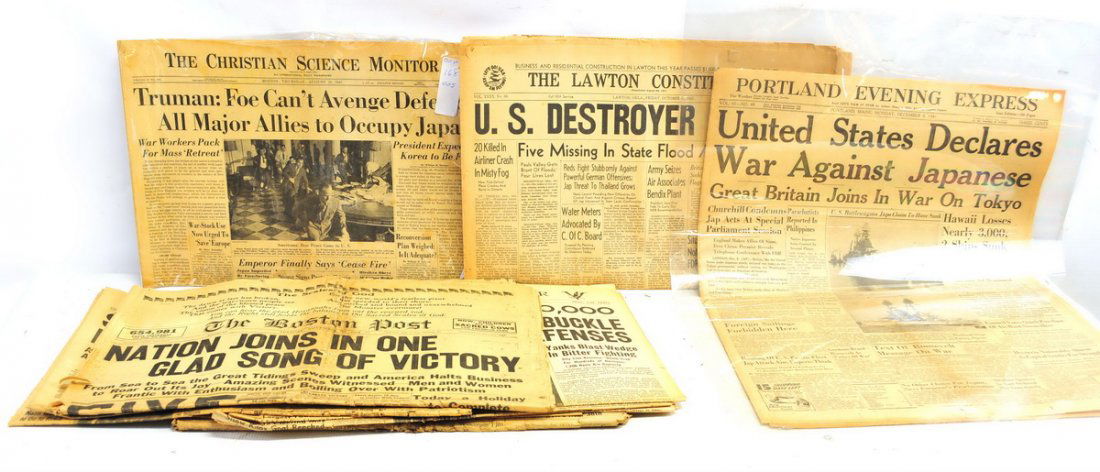 Five boxes of World news on newspapers: To include death of Michael Jackson, America invades Guam, Hitler smashed on four fronts, United States declares war on Japan, etc.
