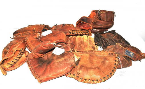 10 Vintage Baseball Gloves Player Models: Bobby Richardson DenkertJackie Robinson Capinco Japan, Mike McCormick Macgregor, Ed Bailey Catchers Mitt, Harry AndersonD&M, Stall and Dean Brockton Mass, Smoky Joe Cunningham Rawlings Claw, Pre-War F