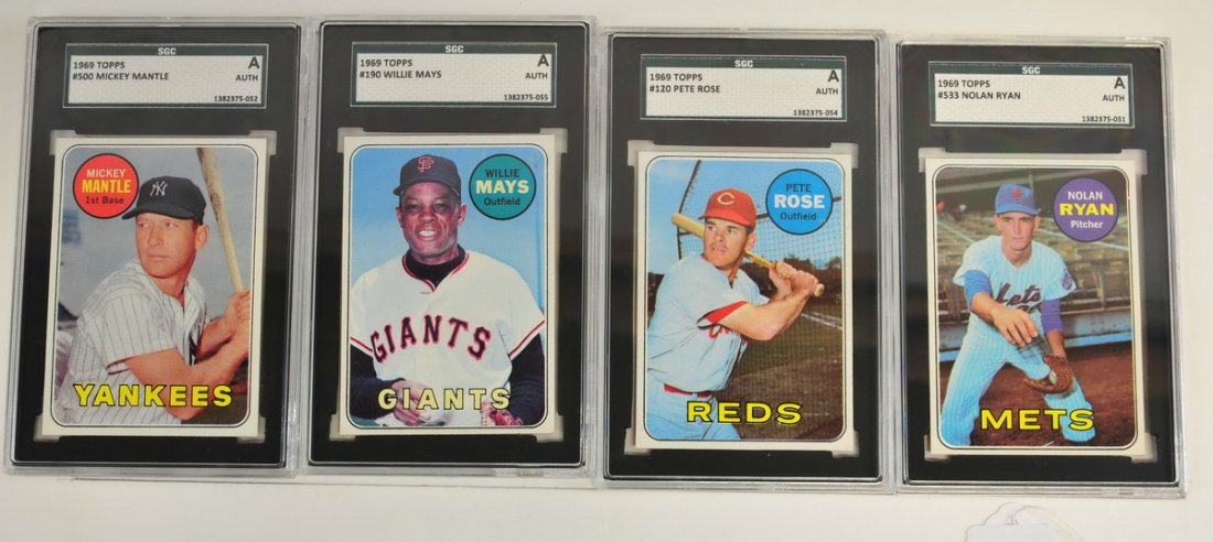 Four 1969 Topps Graded Hall of Famers: Nolan Ryan Authentic, Pete Rose Authentic, Mickey Mantle Authentic, and Willie Mays Authentic