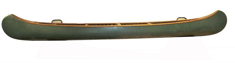 Vintage EM White Canoe 18' FT 19' Foot Long Maine: Medallion on front, Manufactured by E.M. White Company. Old Town Maine Water street. 18.5 long. 2 Kane seats with 4 cross bars. Green canvas and wood ribbed. Good condition from old Maine estate.