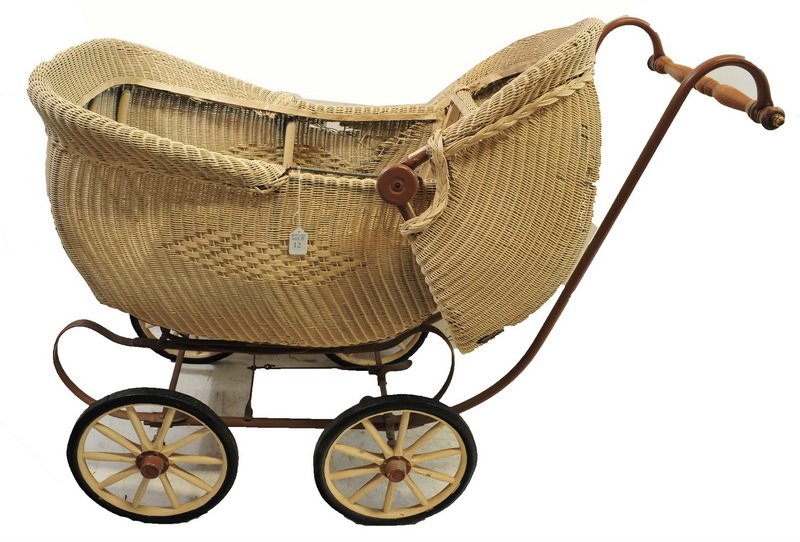Antique Wicker Pram/Baby Stroller: Measures 45" length, walnut handle, iron wheels, needs restoration