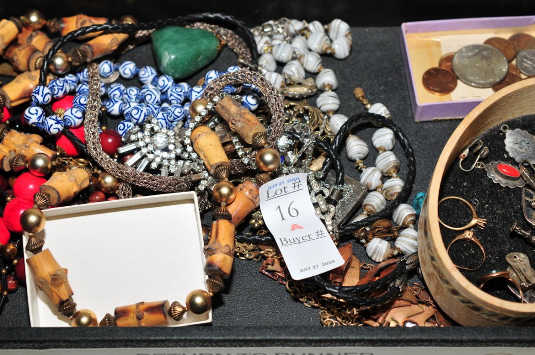 Estate Jewelry Lot to Contain: 1 10Kt. Carnelian 4 gram ring and two 14Kt. rings 3 grams and costume jewelry and three pair of sterling earrings, coral, amber and rhinestones