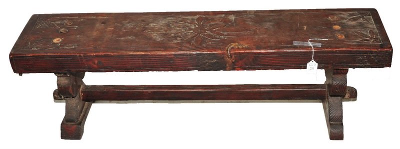 Antique Carved Primitive Bench: Measures 41", carved decoration on top