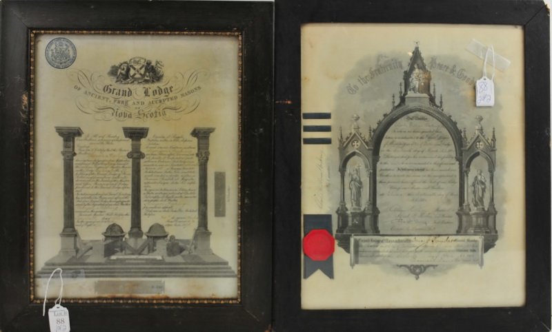 Two Framed Antique Masonic Documents: Grand Lodge of Nova Scotia 1870's and Grand Lodge of Massachusetts
