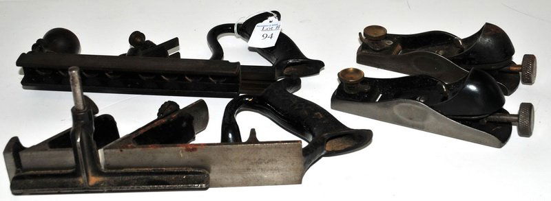 Four Iron Planes: No. 78 Stanley Rabbet Plane, Two block planes found in a wooden shop estate in Maine.
