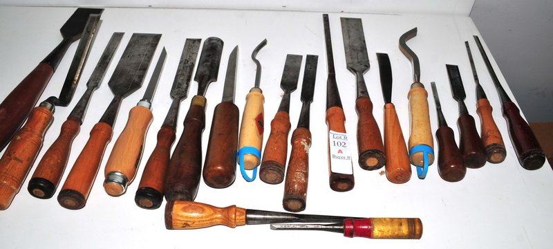 20 Wood working chisels and tools: Vintage - New, Brass and wood. made by Buck Brothers, Fulton Company, Shelf works, and etc.