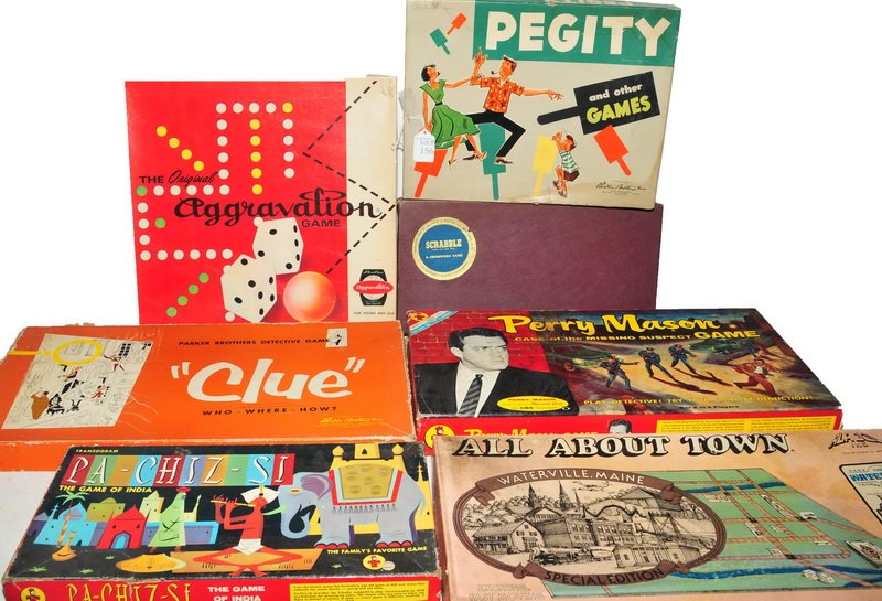 Eighteen Vintage games: as found in original boxes from an estate attic in Maine. To include All about town Waterville Maine, How to succeed in business without really trying, Perry Mason Game, The original Aggravation game,