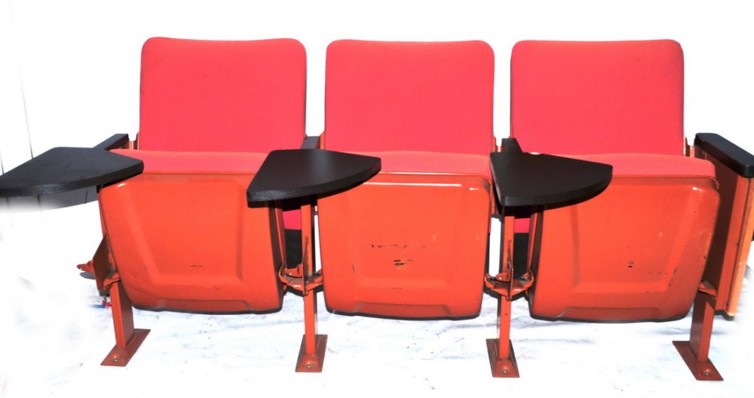 Vintage Triple Theater Seats: measures 68x3216, metal construction, cloth seats orange and brown