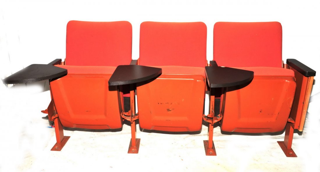 Vintage Triple Theater Seats: measures 68x3216, metal construction, cloth seats orange and brown