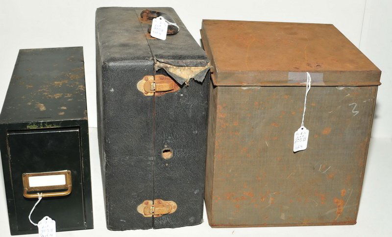 Two Vintage Record Players and Tin Box: To include Centea Music Store record player, Sylvania record player model #2000, Nation Biscuit Container and Metal file box