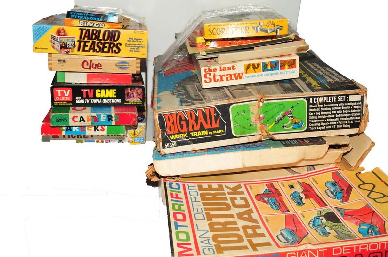 16 Board Games: As Found: To Include Careers, Clue, Score Four, The Last Straw, Big Rail work train by Marx, Sorry and more