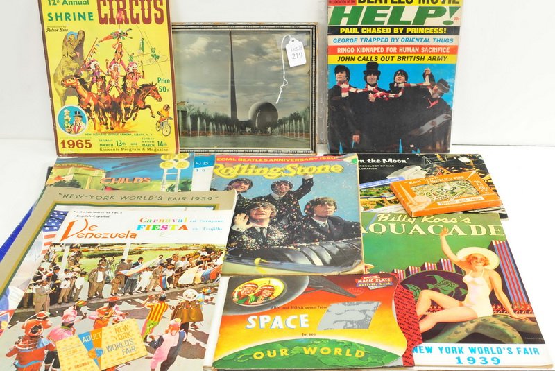 Old Vintage Magazines: To Include: Seattle World's Fair 1962, New-York Worlds's Fair 1939, Man on the Moon, Billy Rose's Aquacade, Worlds Fair Restaurant menu, Special Beatles Anniversary Issue of the Rolling Stones. World