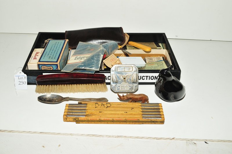 Estate Items/Jewelry Box Contents: Pins, Stick Pins, Buttons, Advertising, Bus Passes, Dime Register Bank, Gold Filled Jewelry and more