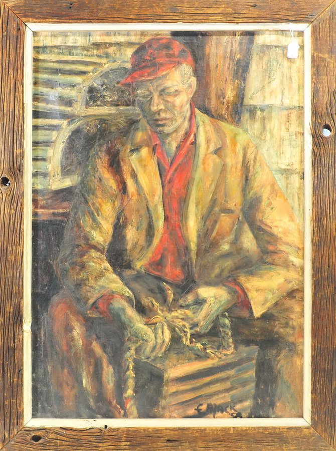 Oil On Canvas of Maine Lobsterman by Mack: Large oil on canvas measures 42x29 in distressed driftwood type frame signed lower right F. Mack 1958