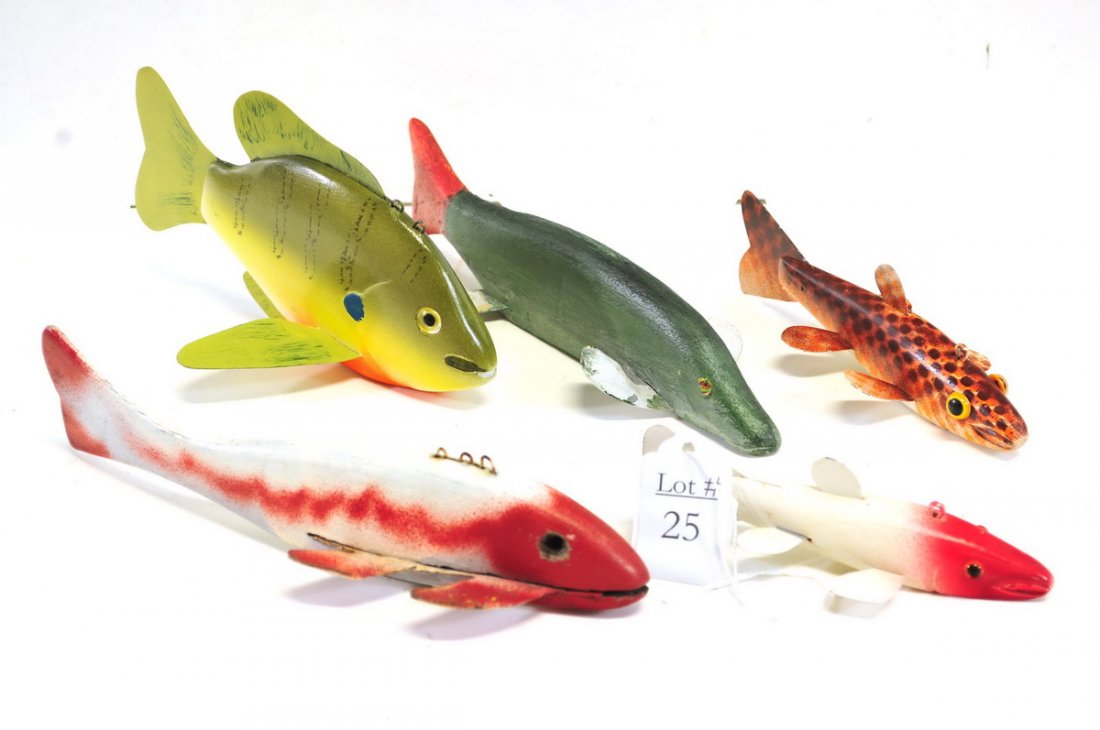 Five Vintage Ice Fishing Lures Some Hand Signed: Sunfish 7" signed by Lawrence Bethel, 5" red and white, 9" red and white, 8" Pike, 6" Spotted