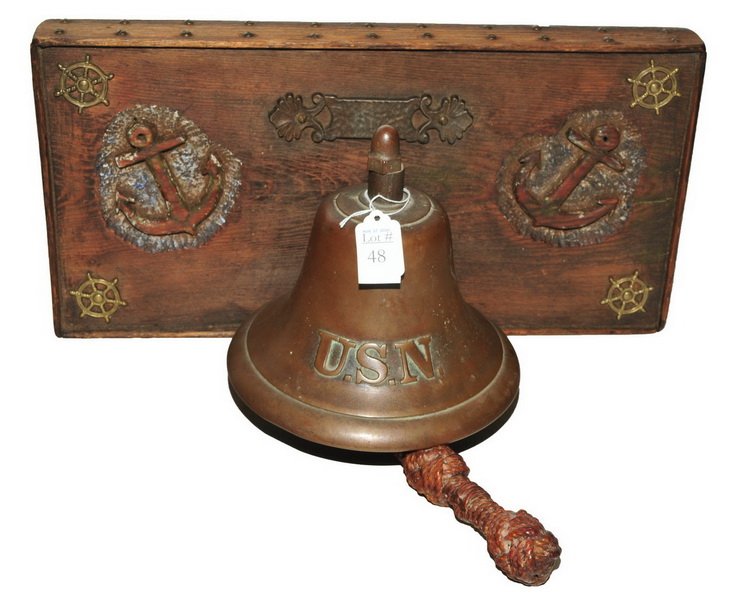 WWII US Navy Bronze Ships Bell: From a US Navy Destroyer given by Stuart Taggart CWO Us Army in 1948 to Edward Abrahams, 8" diameter bell affixed to 19" wooden plaque with provenance on back