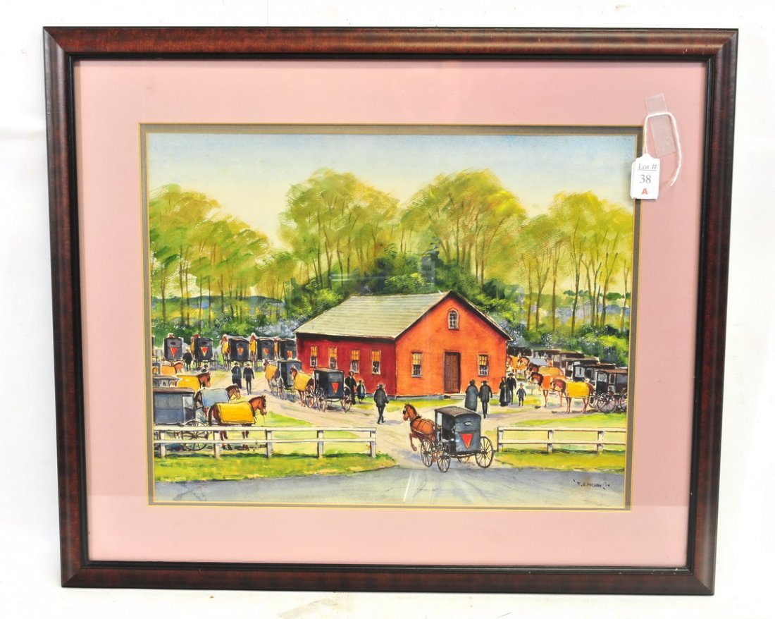 Watercolor On Paper by Raymond James Holden: Amish Scene signed lower right 19x15