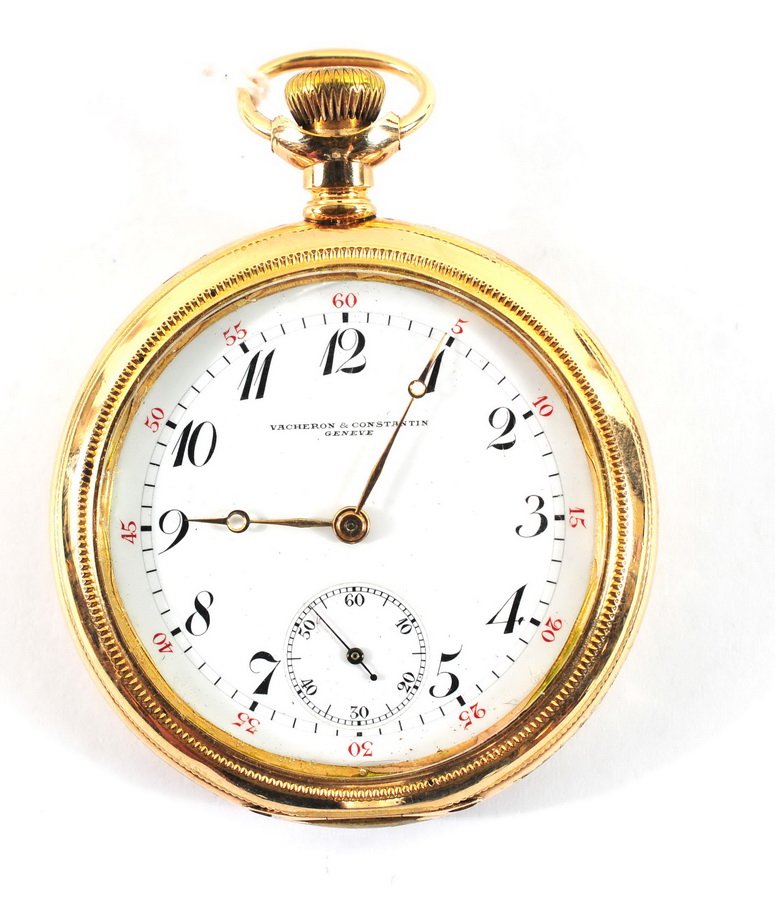 Antique Vacheron & Constantin Pocket Watch: Antique Vacheron & Constantin 40mm Open Face Pocket watch running in a nice Keystone Gold Filled Case with a single sunk dial and gold hands Serial #344941 Circa 1910 in the original box. Watch winds 