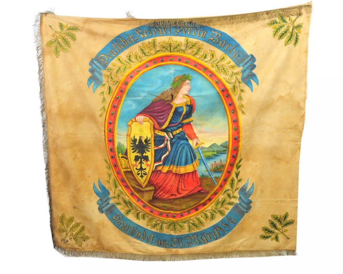 German War Veterans hand painted tapestry: German Military Veterans Association in Barby Germany Founded March 26th 1886 single sided hand painted tapestry. This hand painted tapestry has "Deutlcher Krieger Verein Barby" painted on top. A beau