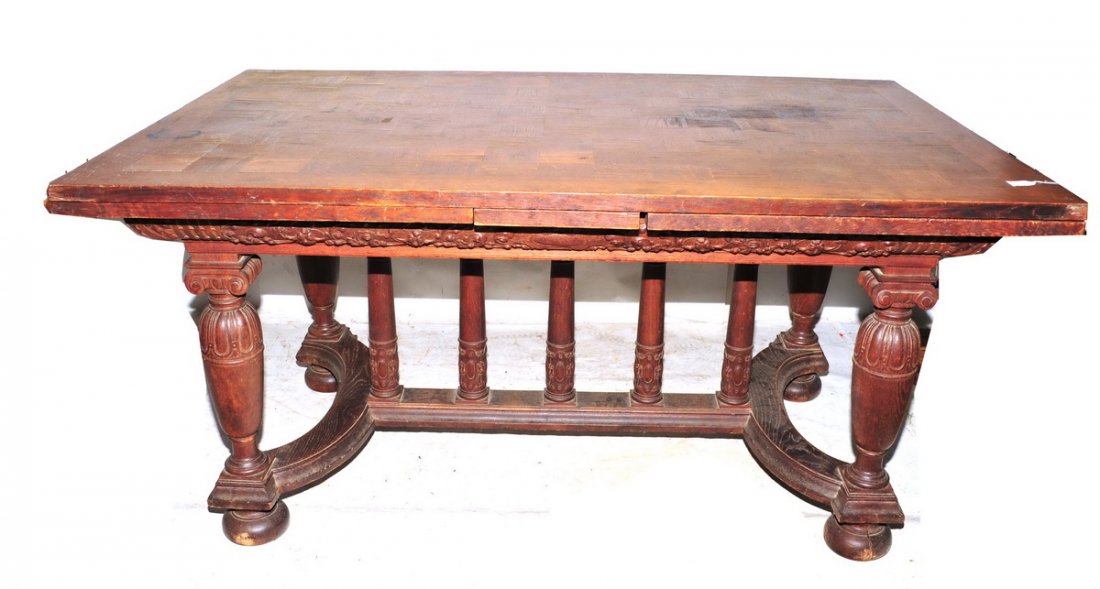 Excellent Antique Oak Table and Buffet: Heavily carved buffet with figural doors 60x41x22, Beautiful Carved table with sliding leaves, checker board top 63x41x30, unknown maker, fantastic set of antique furniture