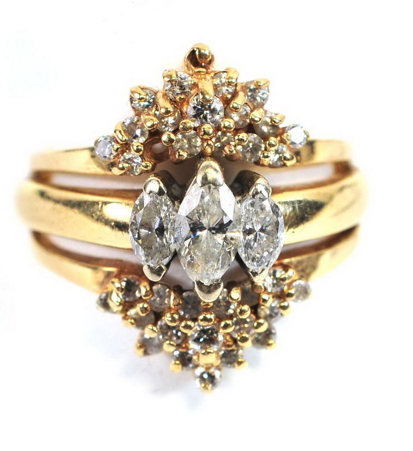 14kt. Gold Ladies Diamond Bridal Set: Band with 3 Marquise Diamonds 1 Ct. Total Weight, 1/2 ct. center with two 1/4 ct. sides. Enhancer attached is 1 ct. total weight with 2 missing diamonds, 11.2 grams 14Kt. gold 2 ct. Total weight diamo