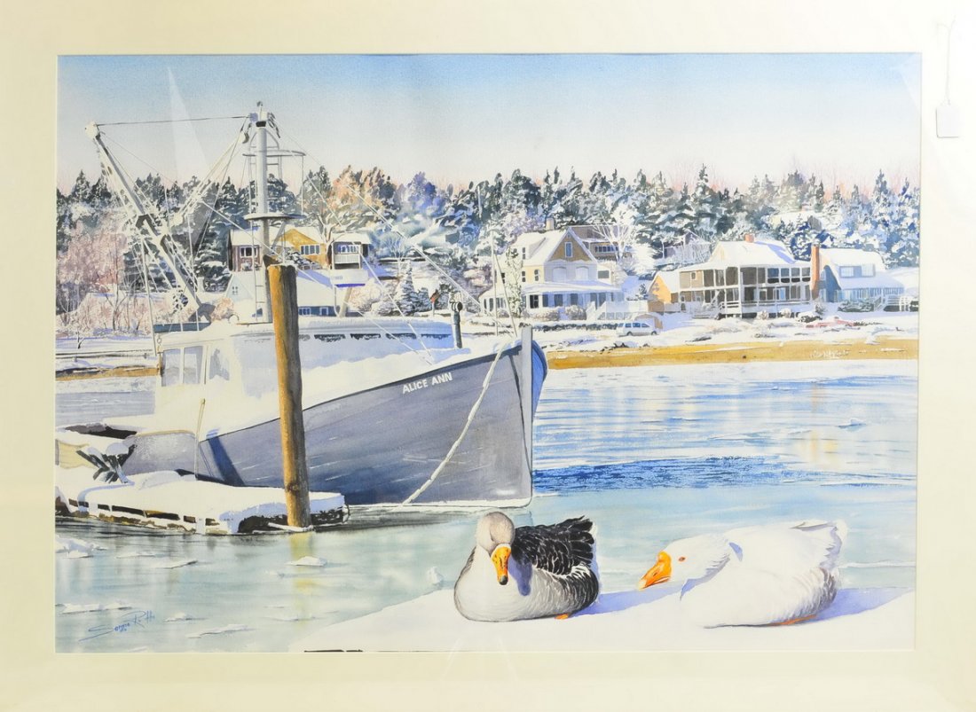 Watercolor on Paper by Sergio Roffo: 39x27, listed artist Sergio Roffo, Harbor Scene