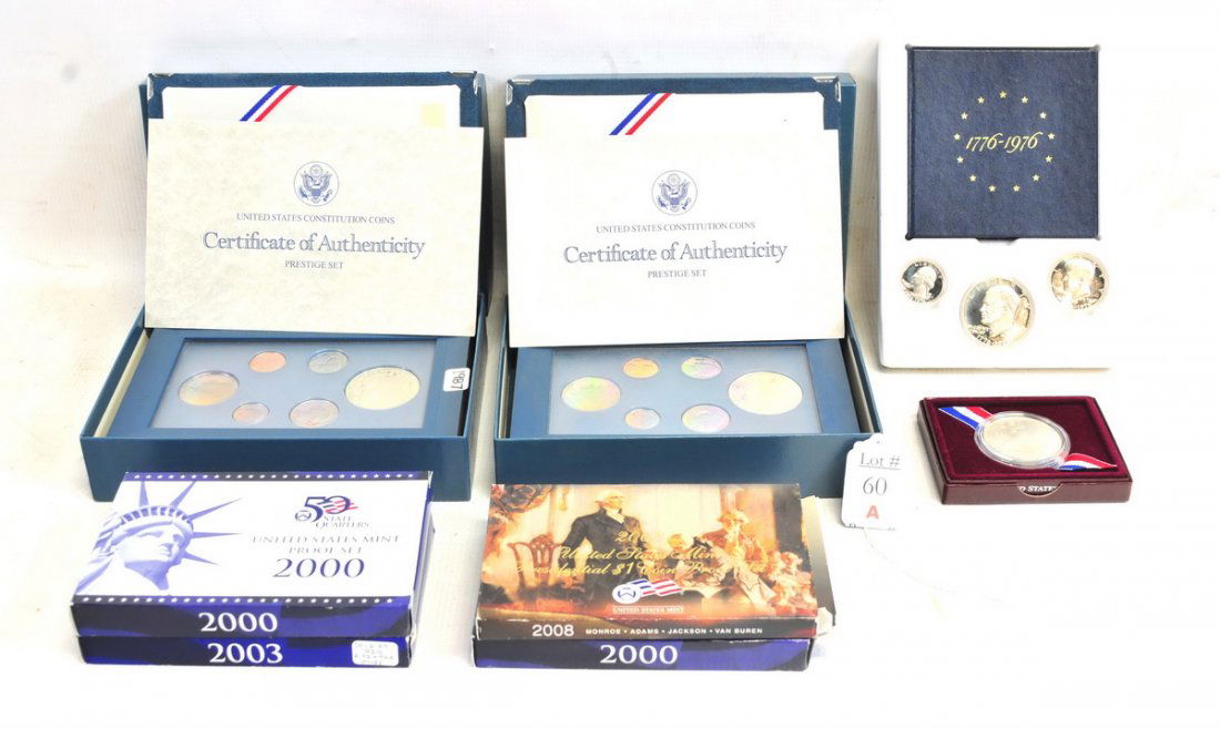 18 US Proof Sets and Commemorative Sets: Two 1987 Prestige Sets, Two 1976 Bicentennial Proof Three Coin Sets, 1992 Olympic $1 Coin, 2008 US Dollar Presidential Proof Set , 1994 Silver Proof Set, 1968 Proof Set(2), 1987 US Constitution Dollar