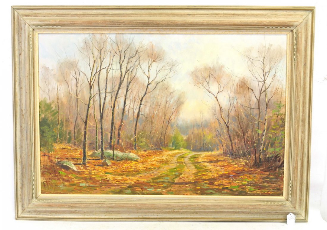 Oil On Canvas By Wayne Morrell: Landscape scene measures 35x23, signed lower right, Grand Central Art Gallery Tag on Back