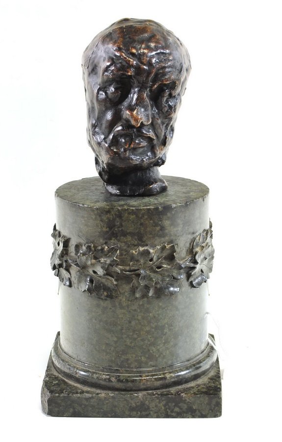 Antique Auguste Rodin Bronze Figure: Bronze Head on Marble base, head measures 5" on Marble base 6", 11" overall height, signed "Rodin" on right side and illegible signature or title of the bronze on left side "Alexis Rod...."