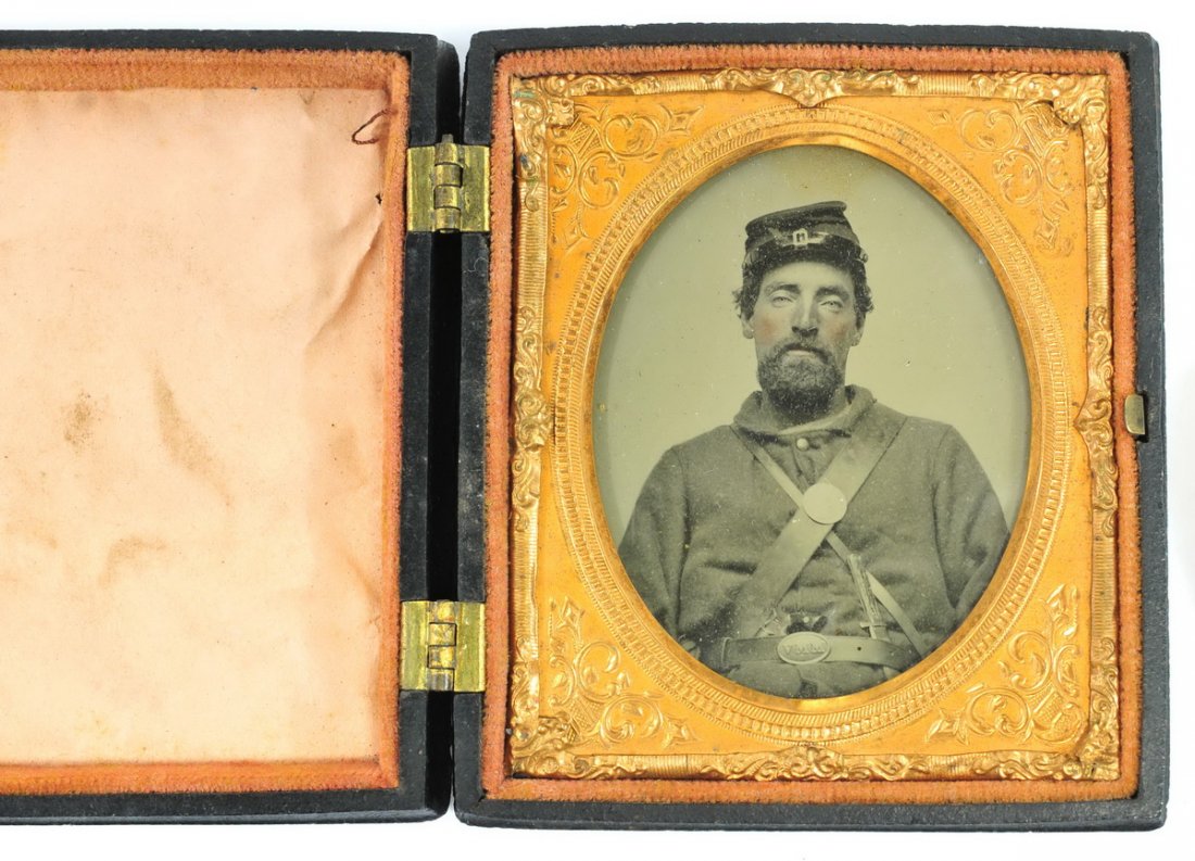 Civil War Ambrotype and Walking Sticks: William F. Quint 16th Regiment Maine Volunteer Militia/Infantry, two walking sticks made by William Quint during camp like, family history of Quint on each stick detailing Quint being mustered in 1862
