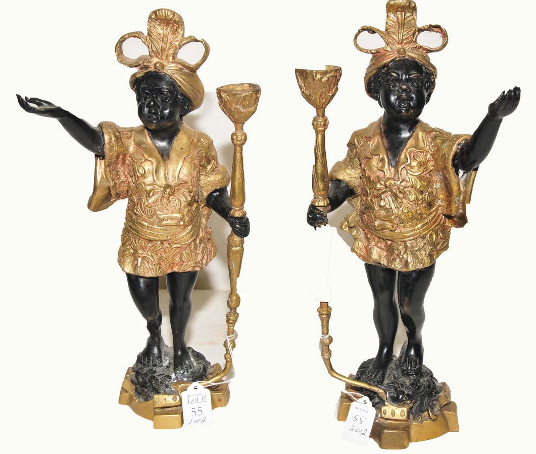 Pair of Bronze Italian Blackamoor Candlesticks: Both measures 15 1/2 inches tall "****Note this item was won in a previous sale and was never paid for, so it is being offered for sale again.