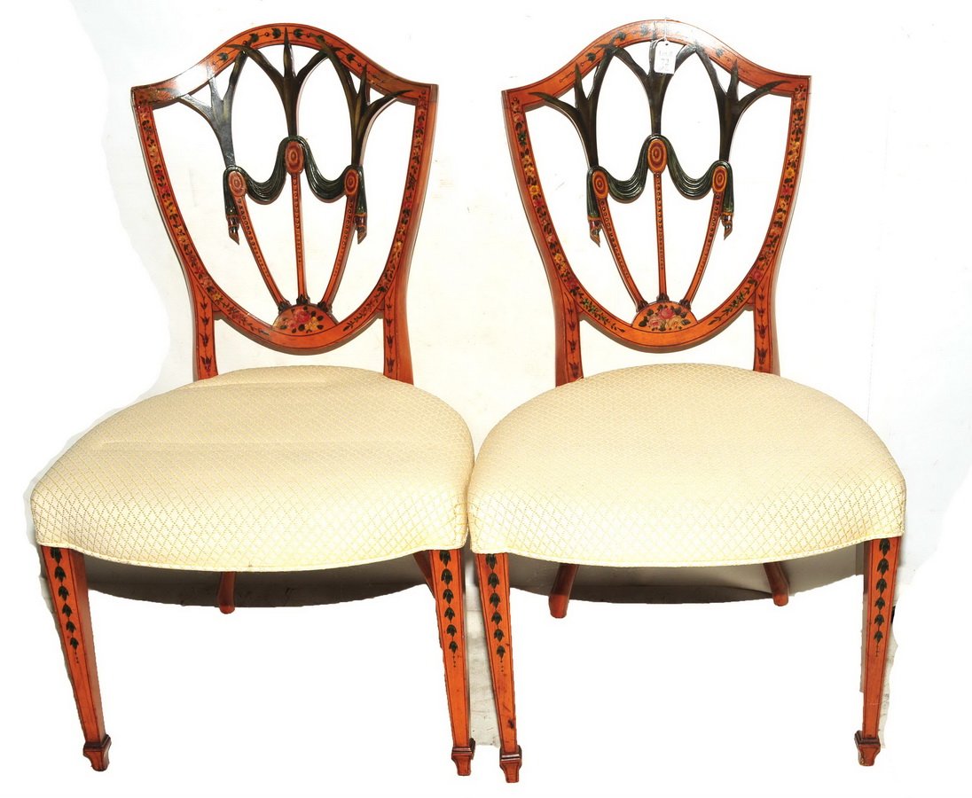 Pair of Antique Sheraton Side Chairs: Shield Top with inlay in beautiful condition, 36x21x19