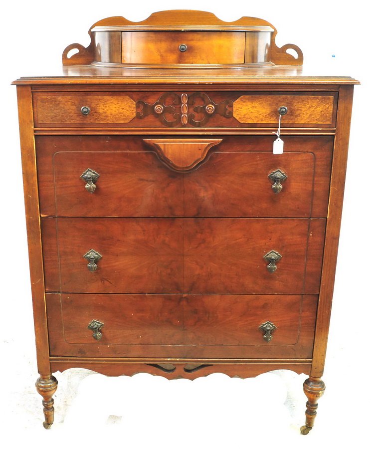 Antique Walnut Chest Two Over Three Drawer: With Drawer on top, scroll work and veneer inlay 55x38x22
