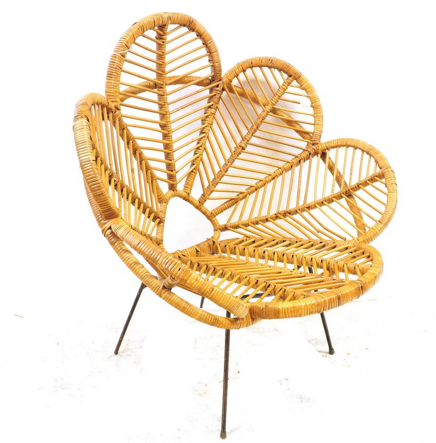 Mid Century Rattan Lounge Chair Floral Shape: 31" wide, iron frame