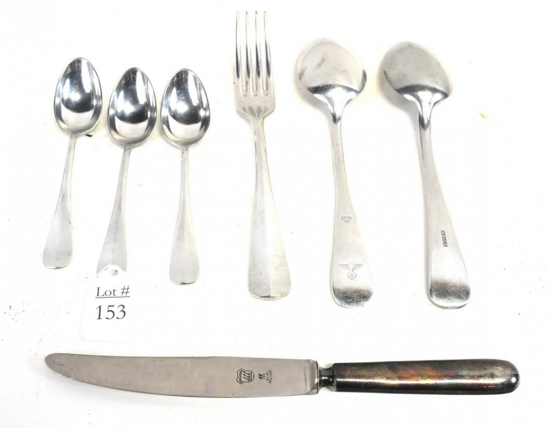 7 Nazi German Silverware Pieces: Silver Plated Butter Knife with Nazi Markings,6 Pieces of Marked Nazi Field Use Flatware, dinner utensils