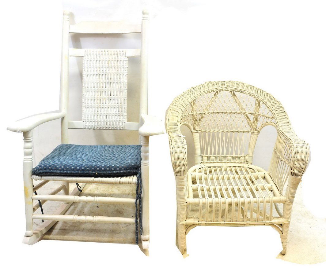 5 Pieces of White Furniture Wicker and More: White Antique Farm Table, Two Wicker Chairs, Wicker Stand, Country Porch Rocker