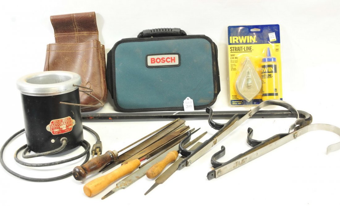 Large box of misc. tools: To include: clamps of all sizes, unopened Irwin strait-line, crowbar, hand files, hold-heat glue pot and etc.