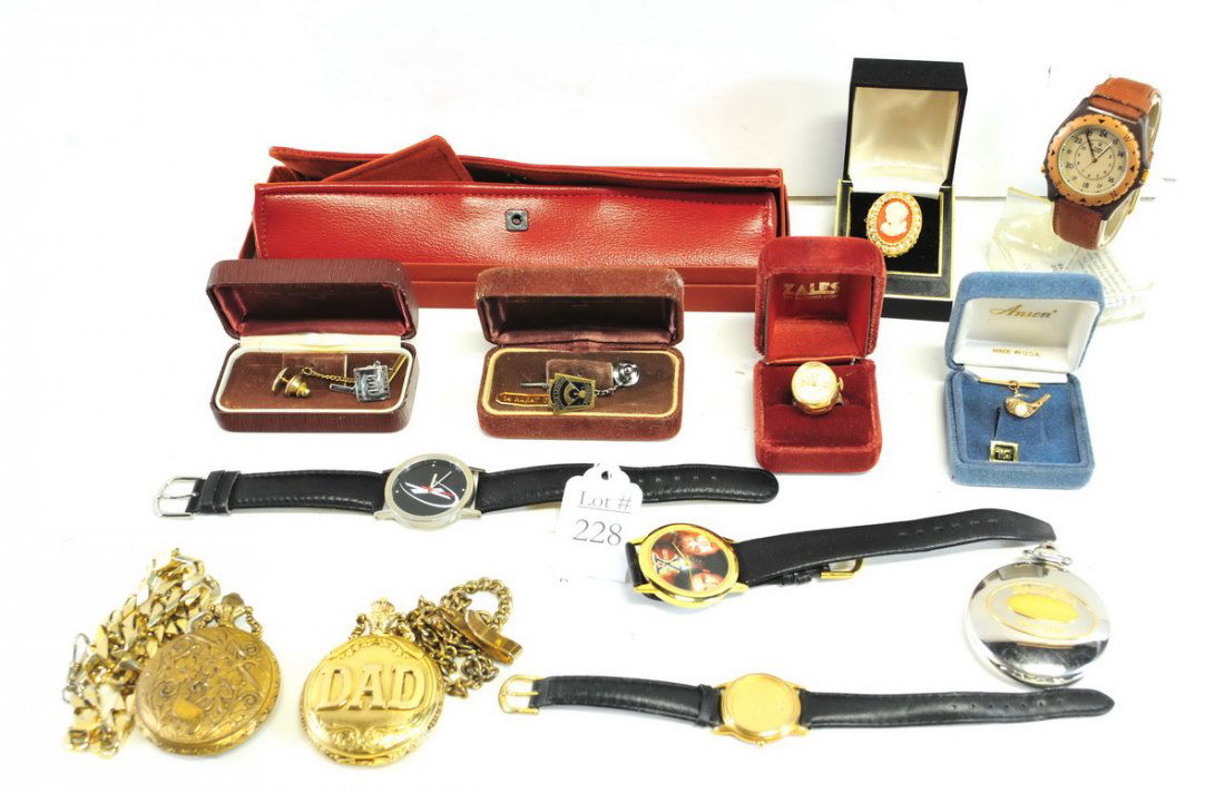 Estate Watches and Jewelry: Movado Watch in original box, ring watches Baylor Watch, more