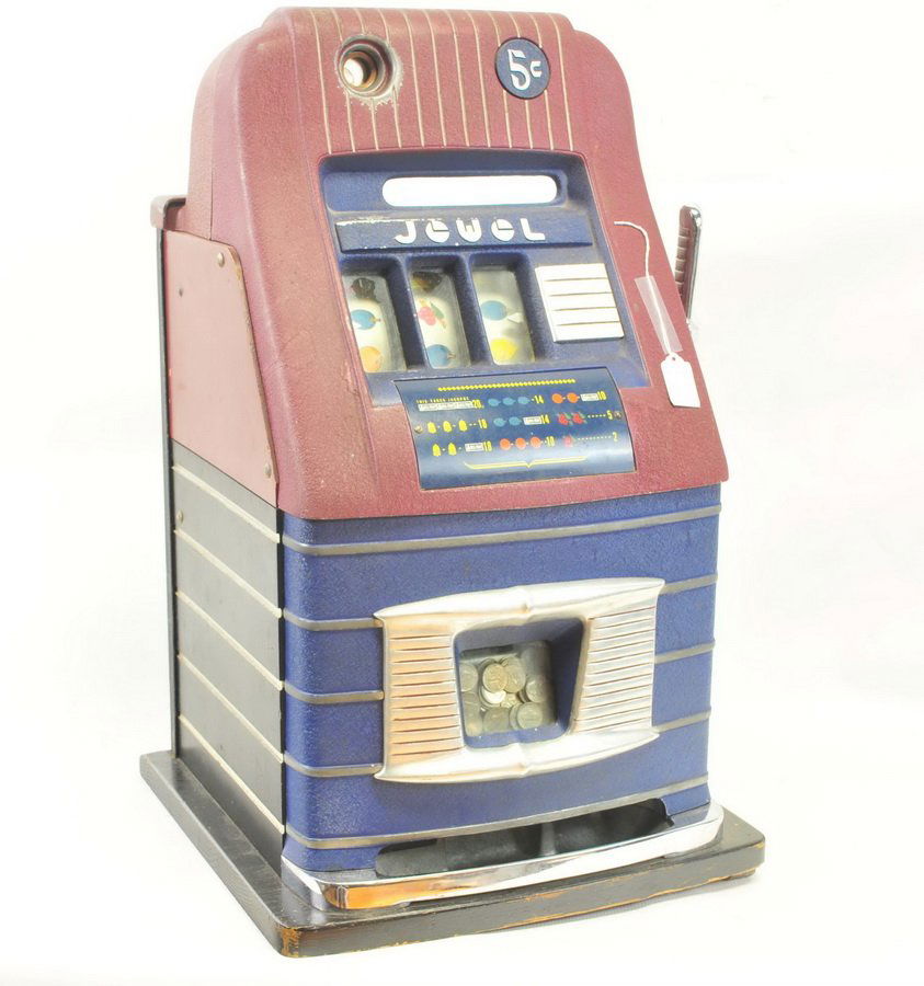Antique Jewel 5 Cent Slot Machine: Loaded front panel with nickels, needs tinkering 20"