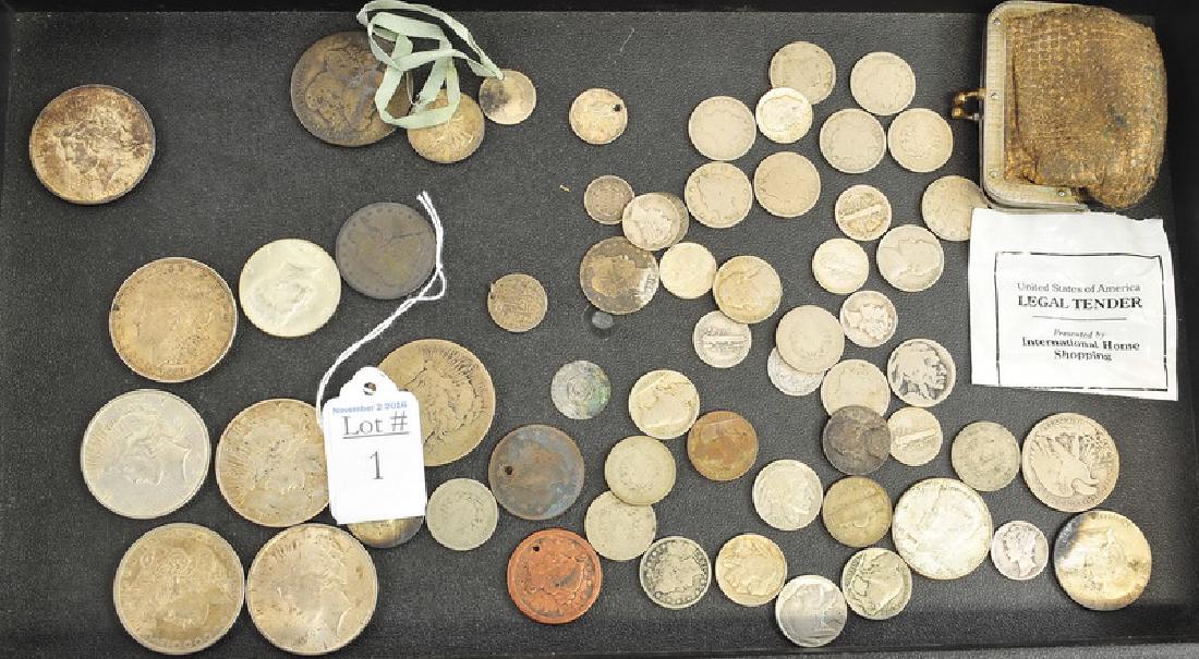 US Silver Coins/Morgan Dollars/V Nickels: 8 US Silver Dollars Morgan and Peace, 1873 Seated Half Dollar, Franklin Half, Kennedy Half, Walking Liberty Half, V Nickels, Buffalo Nickels, Washington Quarters, Seated Half Dime, Mercury dimes, Larg