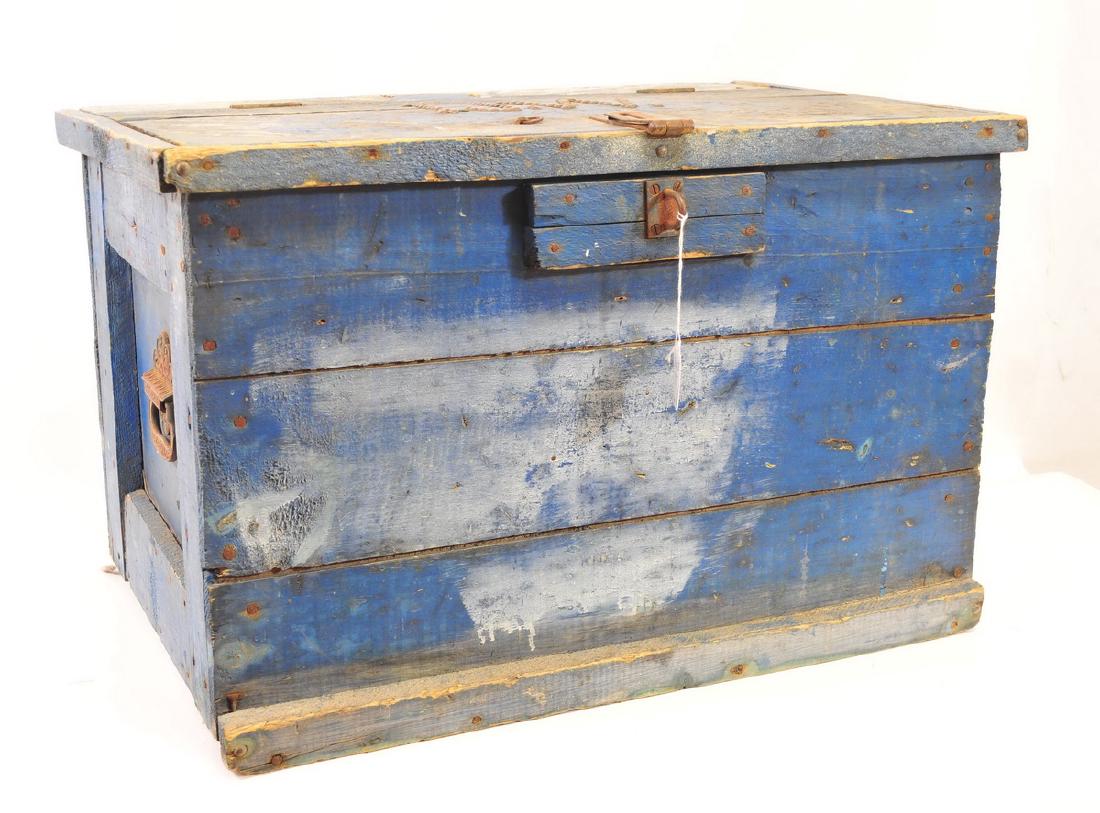 Antique Monogrammed Tool Box Old Blue Paint: Monogrammed I.J.W., measures 26x16