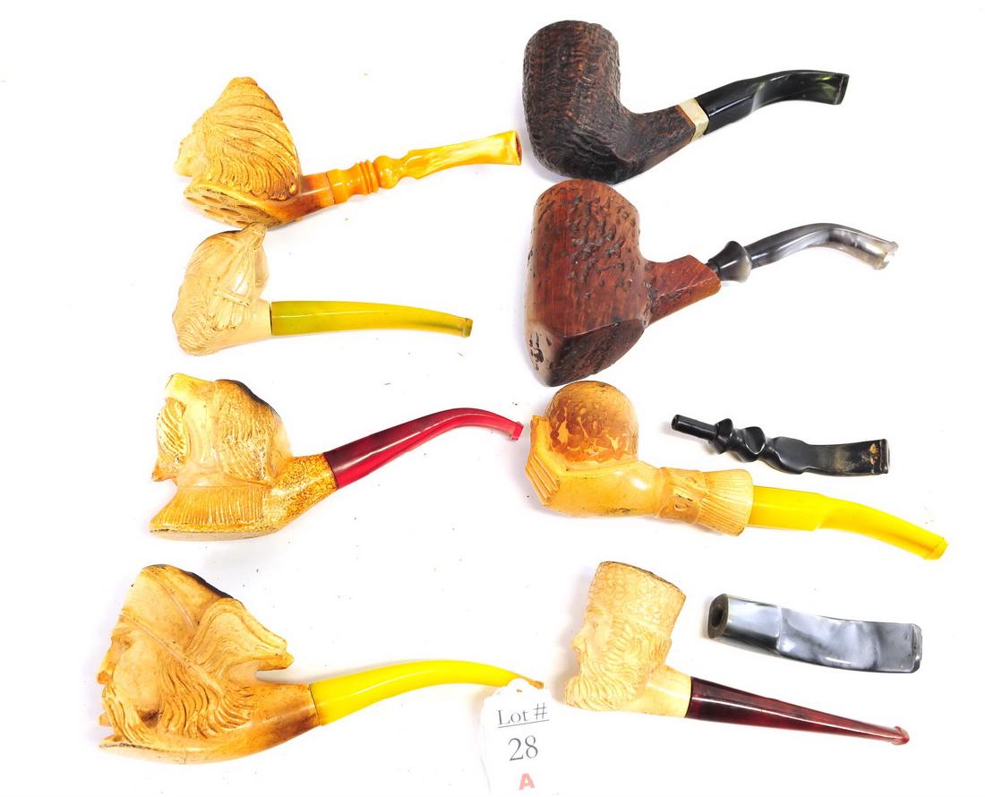 8 Antique Figural Pipes Likely Meerchaum: Indian, Dog, Men's Faces, nice shape, all used