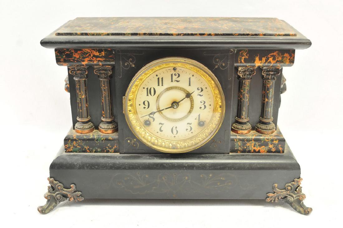 Antique Seth Thomas Mantle Clock: Wood Construction, needs cleaning, works in tact 15"x11"