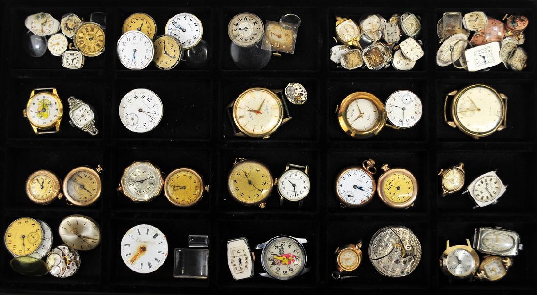 Approx. 65 Watch Movements and Parts: Wrist Watch Movements, pendant watch movements, gold filled cases, makers such as Waltham, Montaux, Zenith, Bulova, Elgin, many more