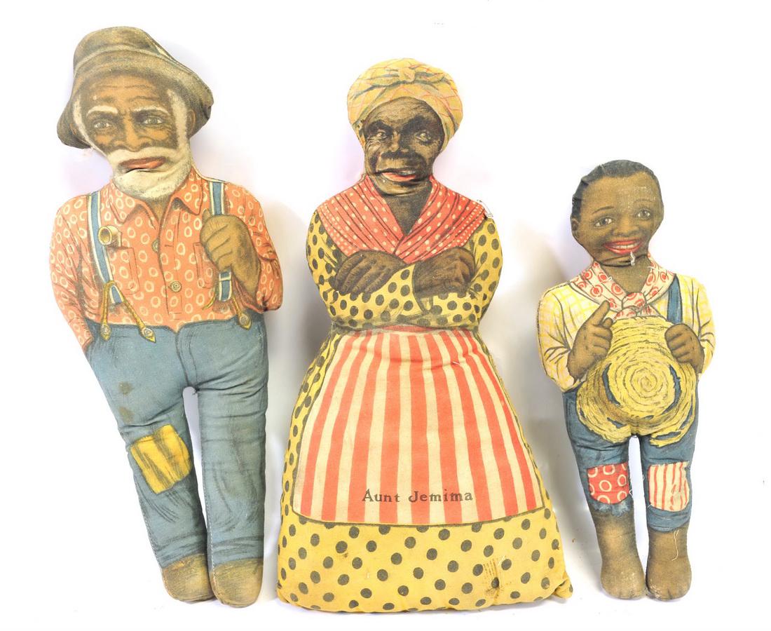 Three Litho Print Black Americana Dolls: Aunt Jemima, Uncle Mose and Wade, three antique litho print dolls, largest are 16"