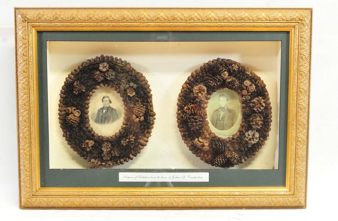 Framed Photos from the Joshua Chamberlain Estate: Framed Photos from the Joshua Chamberlain Estate. Professionally framed with 2 hand made pine cone oval frames with photos of Joshua Chamberlains family members. Measures 32x22