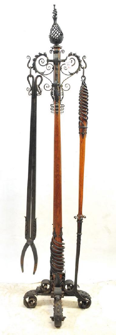 Samuel Yellin Fireplace Set Oak and Wrought Iron: Attributed to Samuel Yellin 5 foot tall and 4 foot tall tongs and poker
