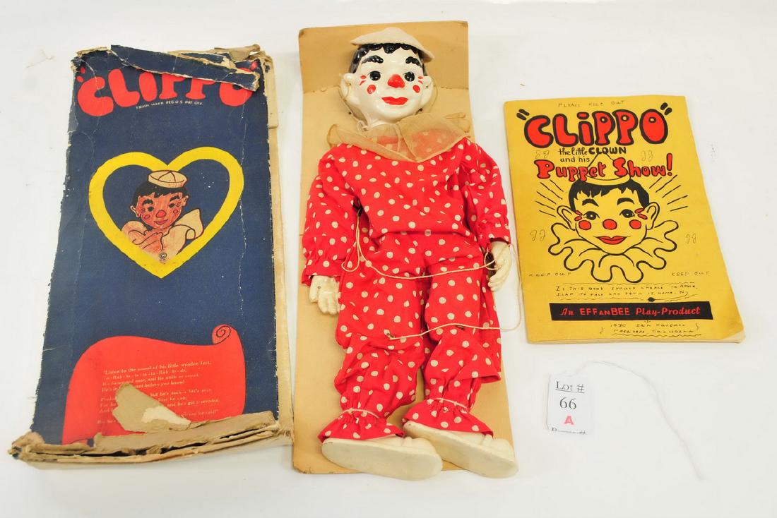 Antique Clippo Puppet with box and Booklet: In great shape, original box is rough made by EffanBee